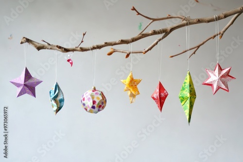 Handmade Colorful Origami Ornaments on Wooden Branch photo