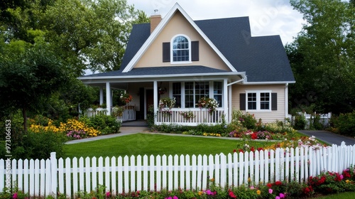 A charming new house with a traditional design, including a pitched roof, white picket fence,