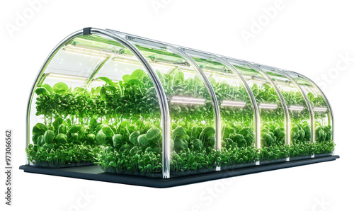 Modern greenhouse filled with lush green plants and vibrant foliage, ideal for sustainable gardening and agriculture, png, cutout