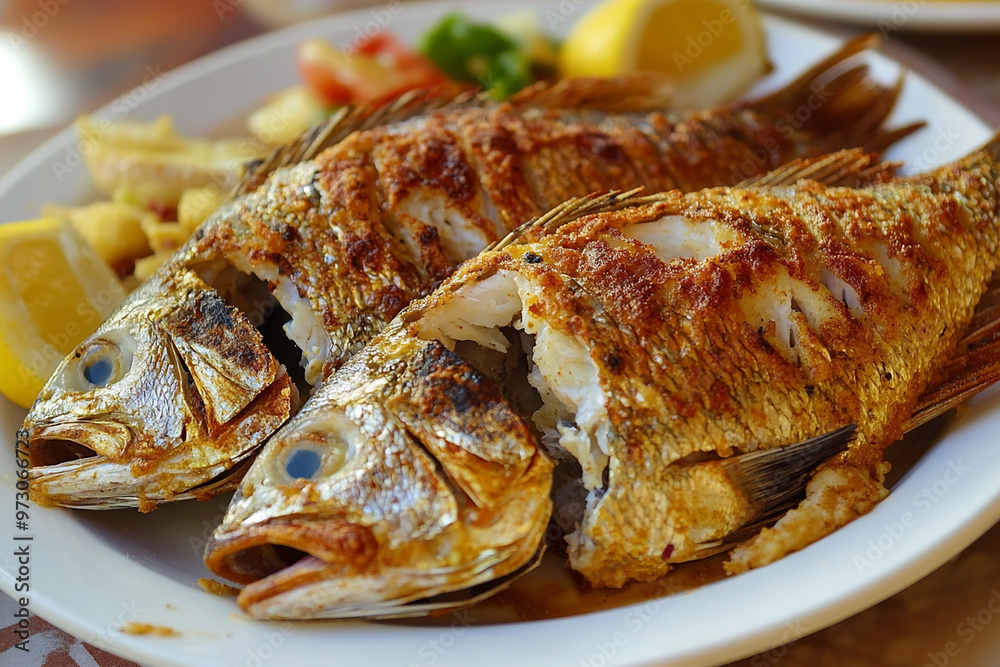 tasty fried fish on a plate with some green Coriander and lemon generated by AI tasty fried fish on a plate with some green Coriander and lemon generated by AI