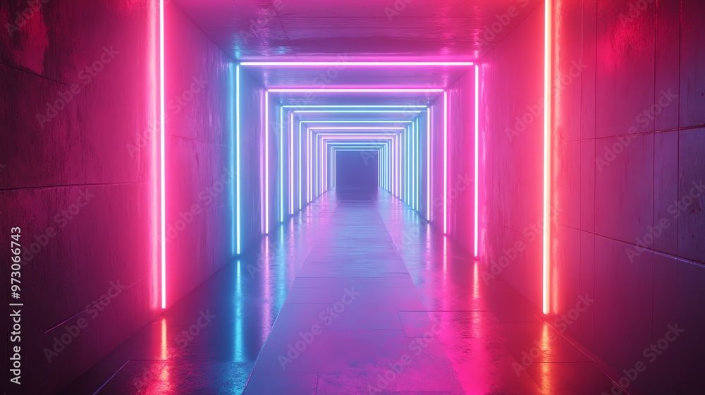 A futuristic hallway with glowing pink and blue neon lights. A futuristic hallway with glowing pink and blue neon lights.