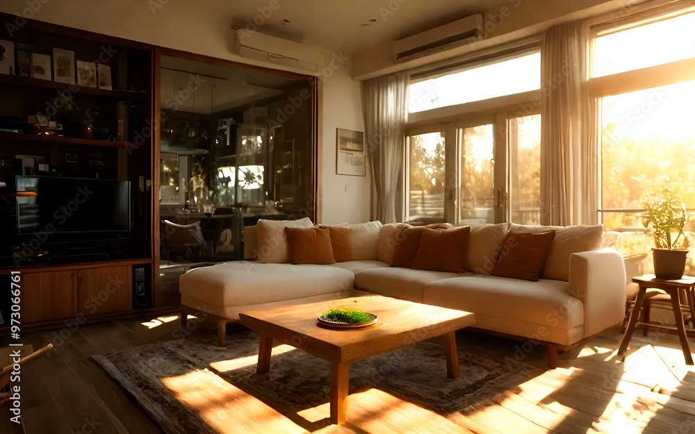 Naklejka premium corner sofa and coffee table and large windows at sunset