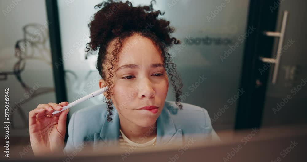 Thinking, business woman and reading on computer closeup for inspiration or problem solving. Planning, idea and person brainstorming solution for social media marketer or creative campaign at startup