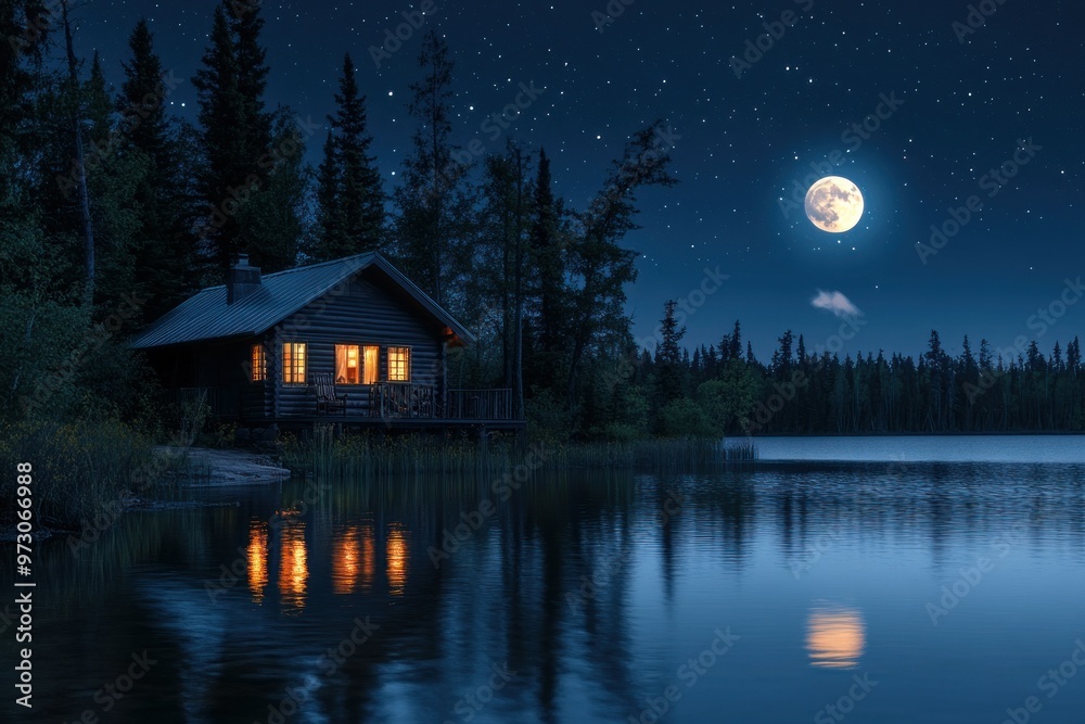 Peaceful Night: Cozy Cabin by the Lake Under a Full Moon and Starry Sky Peaceful Night: Cozy Cabin by the Lake Under a Full Moon and Starry Sky