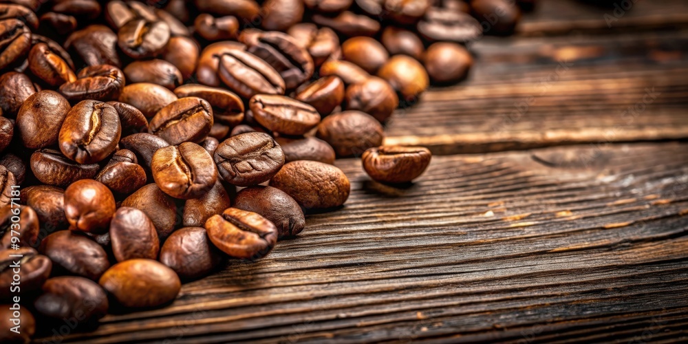 Close-up of fresh coffee beans on a rustic wooden background