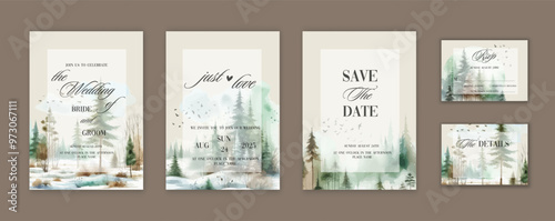 Rustic greenery wedding invitation card template with watercolor winter Pine Tree Forest.