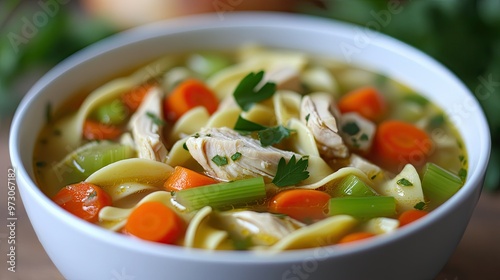 A warm bowl of chicken noodle soup with carrots, celery, and tender pieces of chicken.