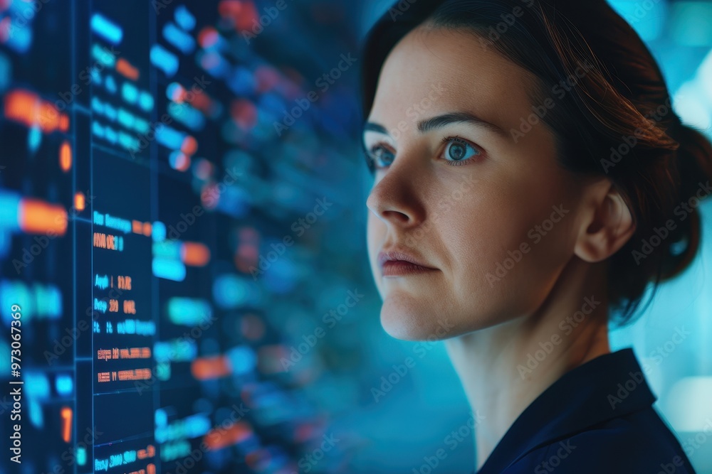 A focused woman carefully studies stock market data displayed on a digital screen, representing data analysis, financial trends, and technology in a modern office setting. A focused woman carefully studies stock market data displayed on a digital screen, representing data analysis, financial trends, and technology in a modern office setting.
