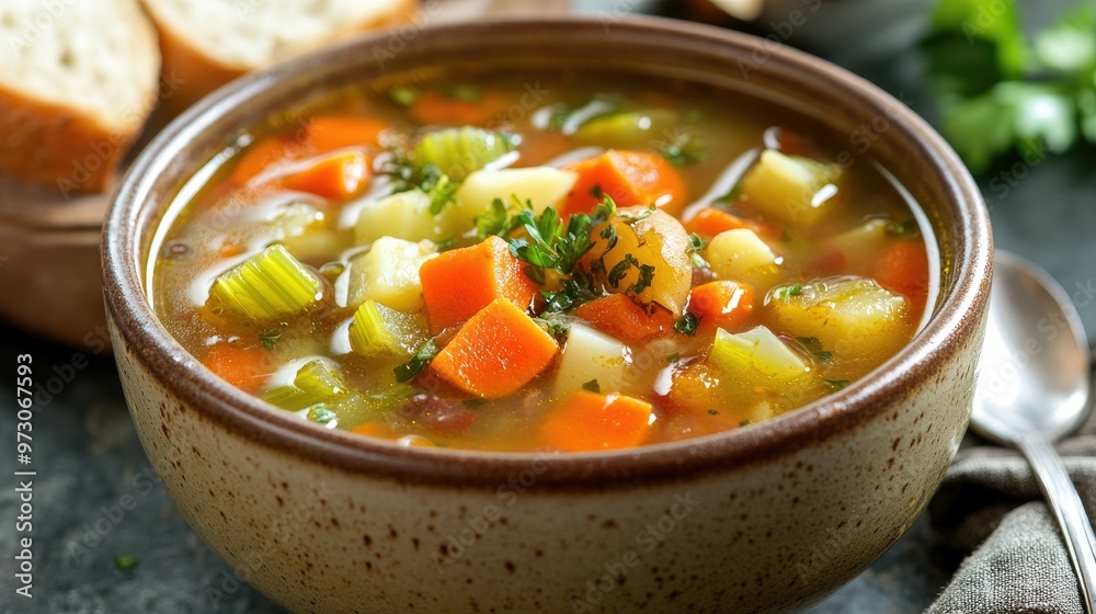 A warm bowl of hearty vegetable soup with chunks of carrots, celery, and potatoes, served with a slice of crusty bread.