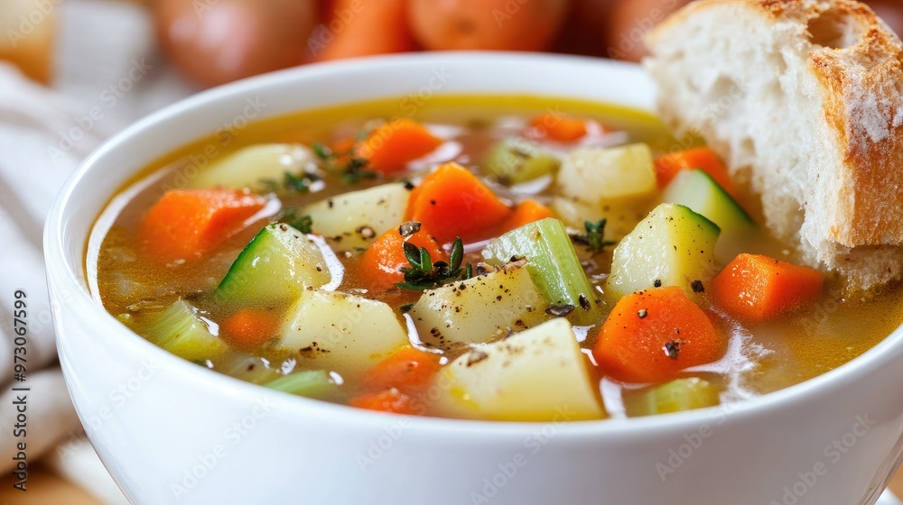 A warm bowl of hearty vegetable soup with chunks of carrots, celery, and potatoes, served with a slice of crusty bread. A warm bowl of hearty vegetable soup with chunks of carrots, celery, and potatoes, served with a slice of crusty bread.