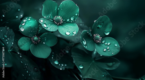 Beautiful elegant green color flowers and waterdrops on green color background, dark theme, wallpaper design, minimalist design 