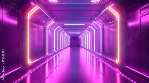 A futuristic hallway with glowing pink and blue neon lights.