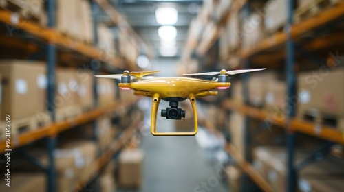 A yellow drone equipped with a camera hovers in a warehouse, capturing inventory data and assisting in efficient stock management and logistics. photo