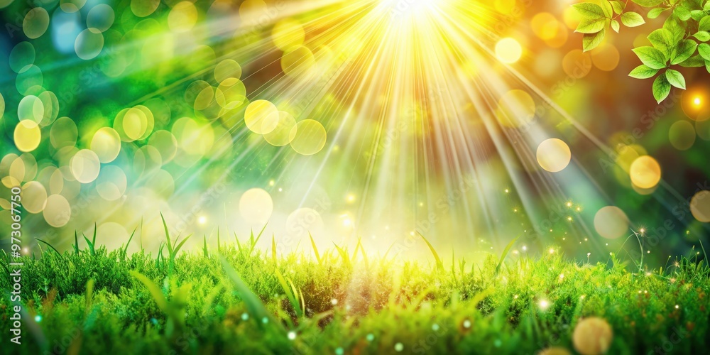Obraz premium Vibrant nature background with glowing bokeh and sun rays