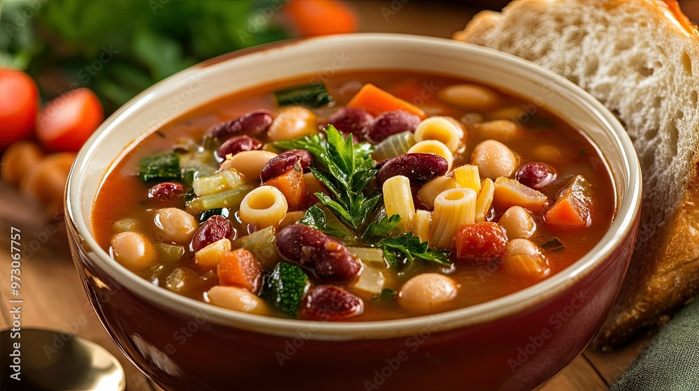 A warm bowl of minestrone soup with a variety of vegetables, beans, and pasta in a tomato broth, served with crusty bread. A warm bowl of minestrone soup with a variety of vegetables, beans, and pasta in a tomato broth, served with crusty bread.