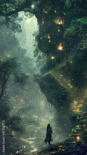 A lone figure stands at the entrance of a mystical forest, illuminated by glowing lights and surrounded by lush greenery.