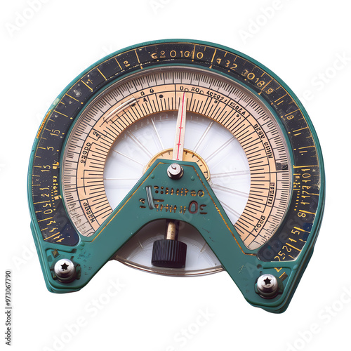 Vintage analog inclinometer used for measuring angles, showing detailed calibration and sturdy metal construction.