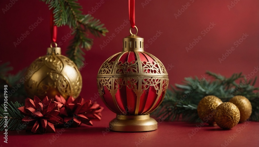 Festive red paper Christmas ornaments featuring a red lantern or flashlight with gold accents on a red background, minimal style. Festive red paper Christmas ornaments featuring a red lantern or flashlight with gold accents on a red background, minimal style.