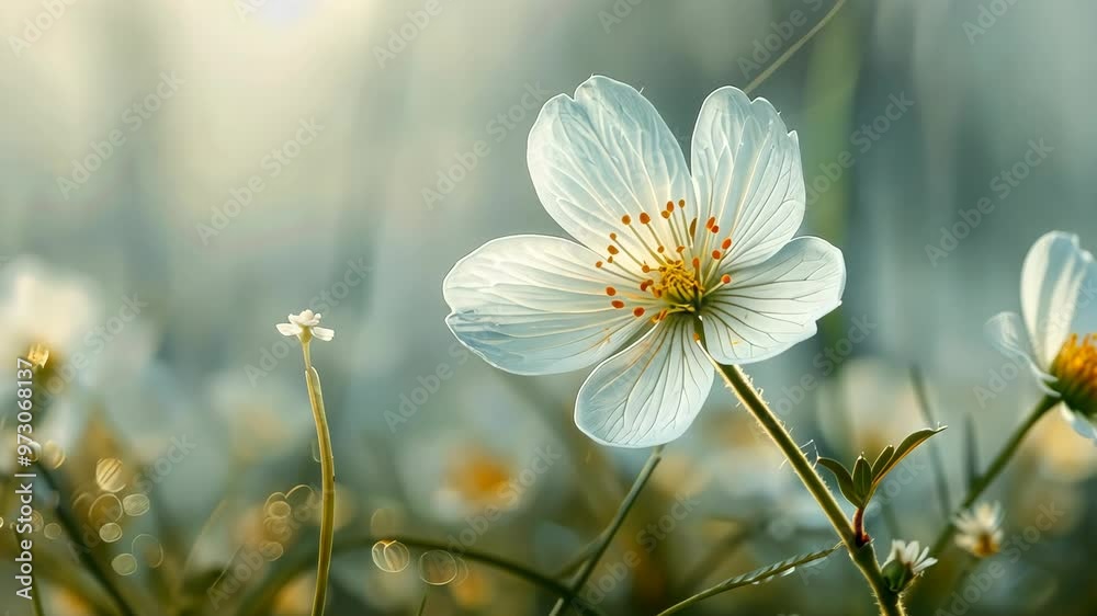 Close-up exploration of a delicate white flower in a sunlit meadow during springtime bloom Close-up exploration of a delicate white flower in a sunlit meadow during springtime bloom