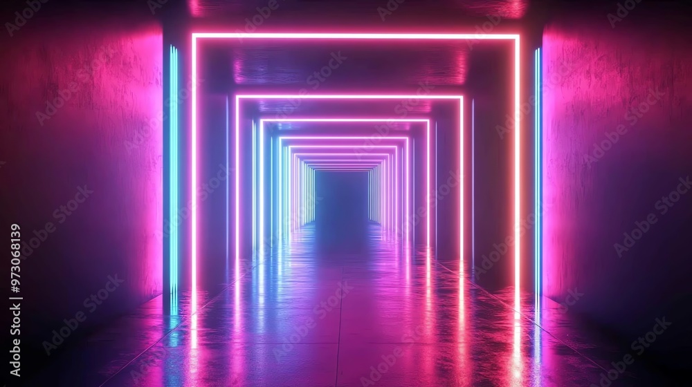 A long, narrow corridor with glowing neon lights in pink and blue. A long, narrow corridor with glowing neon lights in pink and blue.
