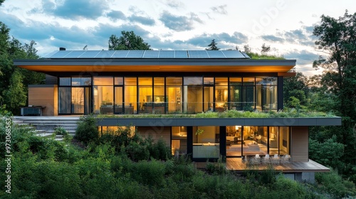 A contemporary new house with an emphasis on sustainability, featuring solar panels, a green roof, and energy-efficient windows.