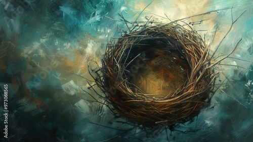 An empty bird nest made of twigs sits on a textured background of blue and brown hues. photo