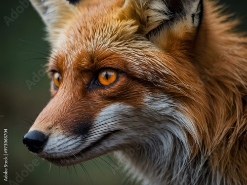 Fox with sharp orange eyes.