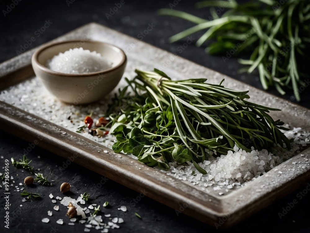 Fresh herbs and salt highlighting importance of seasoning in dishes Fresh herbs and salt highlighting importance of seasoning in dishes