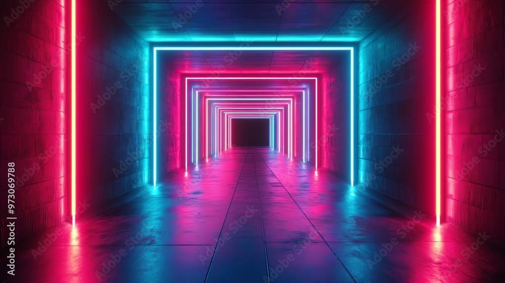A futuristic hallway with glowing pink and blue neon lights. A futuristic hallway with glowing pink and blue neon lights.