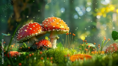 Wallpaper Mural Two red and white toadstools with white spots growing in a mossy forest clearing with a soft light filtering through the trees. Torontodigital.ca