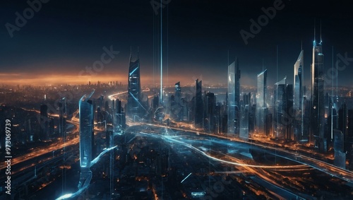 Futuristic digital interface illuminating a city skyline.