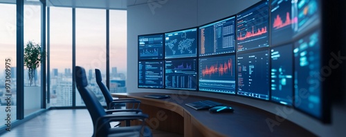 Futuristic office filled with holographic business charts, data streams, and creative designs, high-tech business, future of business innovation.