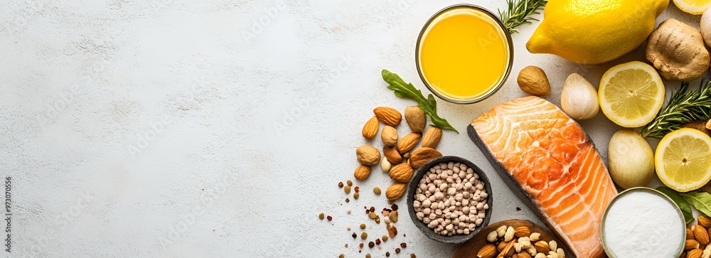 Fresh salmon, lemon, ginger, garlic, almonds, chickpeas, and yogurt on white background. Fresh salmon, lemon, ginger, garlic, almonds, chickpeas, and yogurt on white background.