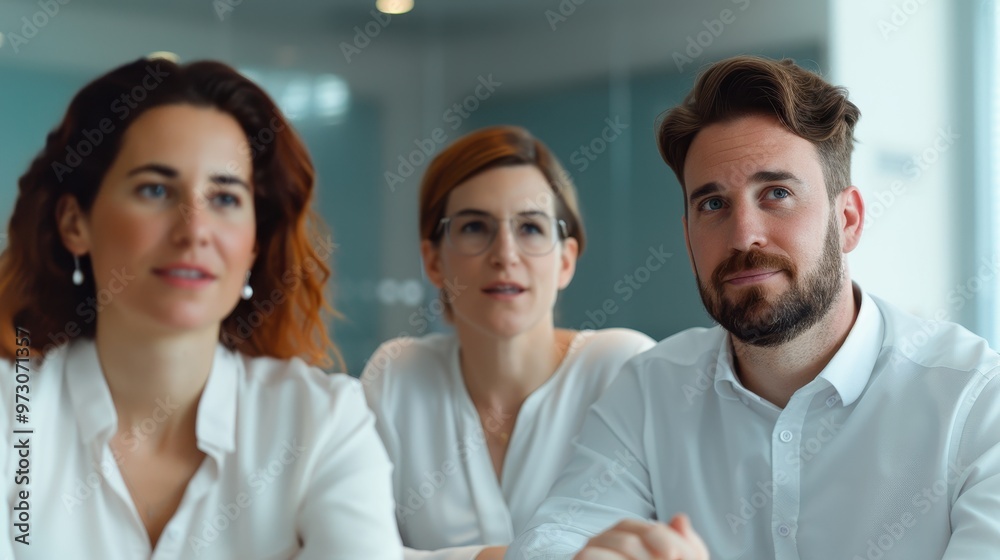 Fototapeta premium Group of professionals attentively listening during a business meeting in a modern office