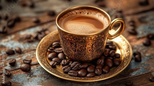 Traditional Turkish coffee in a brass cup with coffee beans, symbolizing cultural tradition and rich, aromatic flavors