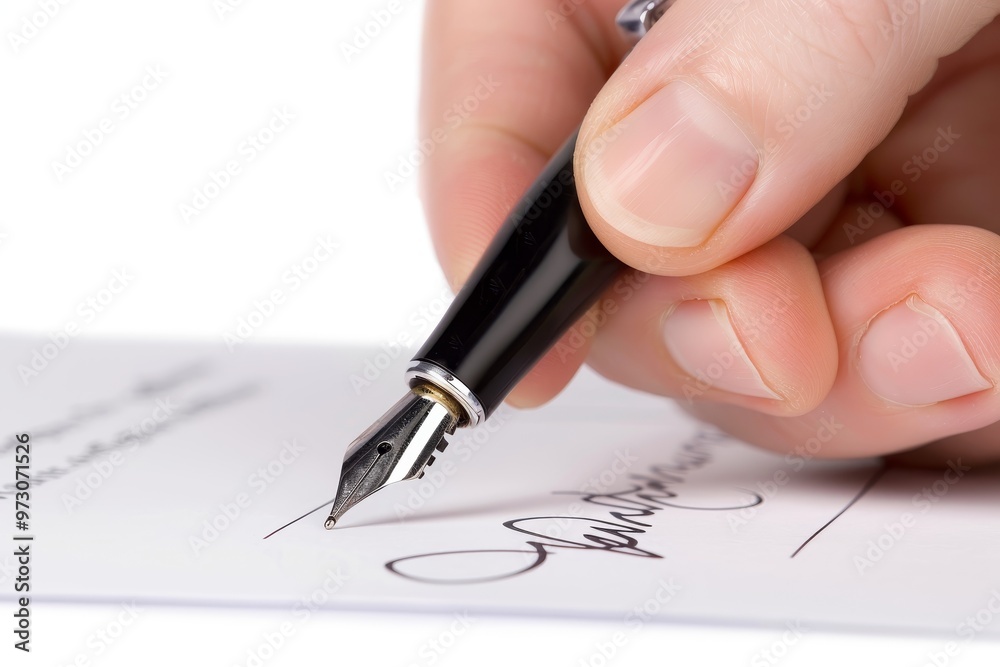 A hand holds a fountain pen poised above a sheet of paper, about to sign a name. The elegant nib glimmers as it prepares to create a personal touch on the document. A hand holds a fountain pen poised above a sheet of paper, about to sign a name. The elegant nib glimmers as it prepares to create a personal touch on the document.