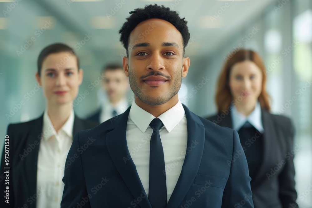 Confident business leader in a suit standing at the forefront of a team of professionals, inside a modern corporate office environment. Confident business leader in a suit standing at the forefront of a team of professionals, inside a modern corporate office environment.