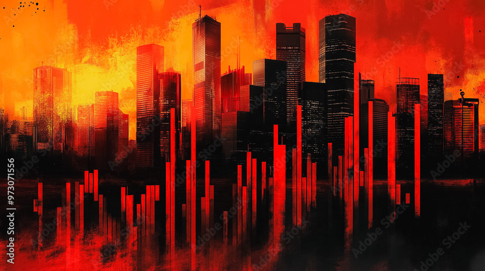 A cityscape with tall buildings and a red sky. The city is in flames and the buildings are in ruins A cityscape with tall buildings and a red sky. The city is in flames and the buildings are in ruins