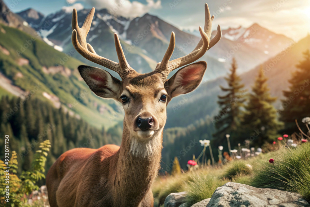 A Deer Standing in a Mountainous Meadow A Deer Standing in a Mountainous Meadow