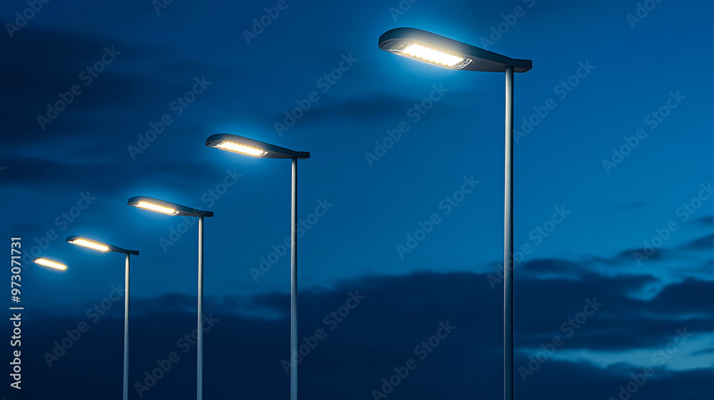 A modern street lamp with LED lights, part of the city's energy-saving system. The lights line up against the dark sky. A modern street lamp with LED lights, part of the city's energy-saving system. The lights line up against the dark sky.