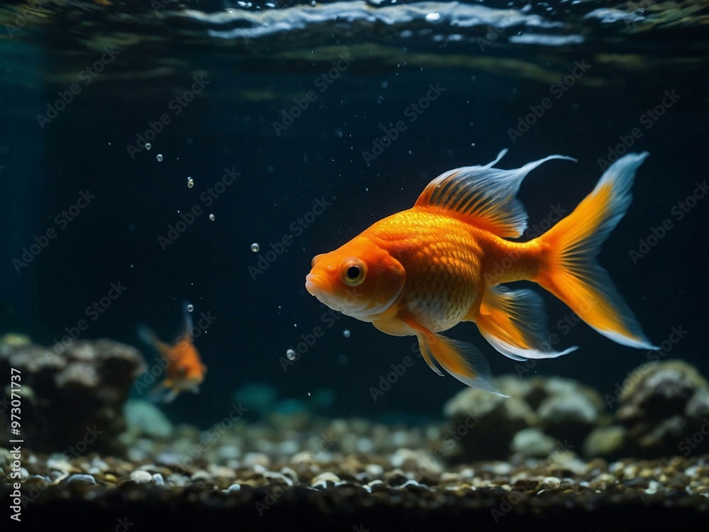 Goldfish swimming closely in an aquarium with dark water behind. Goldfish swimming closely in an aquarium with dark water behind.