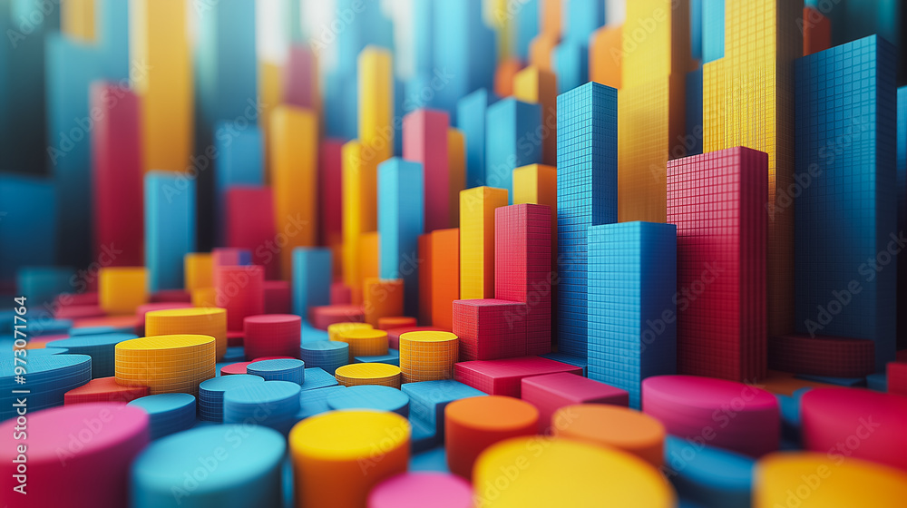 A colorful cityscape made of blocks and cubes. The blocks are in various colors, including red, yellow, and blue. The blocks are arranged in a way that creates a sense of depth and dimension A colorful cityscape made of blocks and cubes. The blocks are in various colors, including red, yellow, and blue. The blocks are arranged in a way that creates a sense of depth and dimension