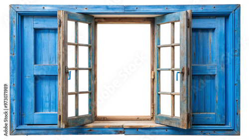 Old vintage blue wooden window open 