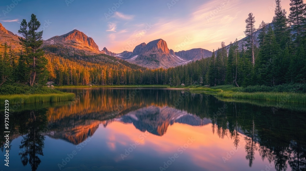 Fototapeta premium Peaceful lake reflecting surrounding mountains during sunset