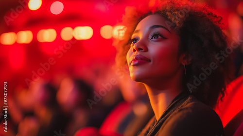 A woman with red hair and dark skin is sitting in a theater. She is smiling and looking at the stage