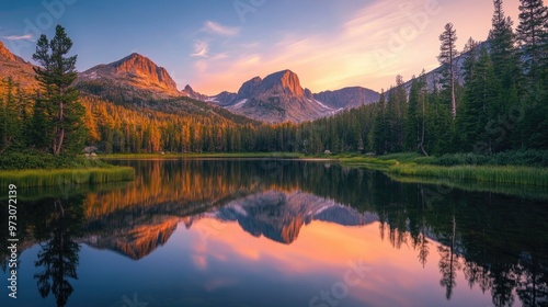 Peaceful lake reflecting surrounding mountains during sunset