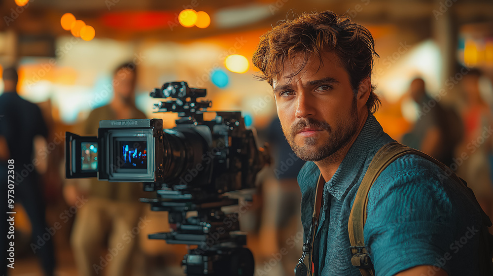 A man with a camera is standing in front of a crowd of people. He is wearing a blue shirt and a backpack. The scene appears to be a film shoot or a photo shoot A man with a camera is standing in front of a crowd of people. He is wearing a blue shirt and a backpack. The scene appears to be a film shoot or a photo shoot
