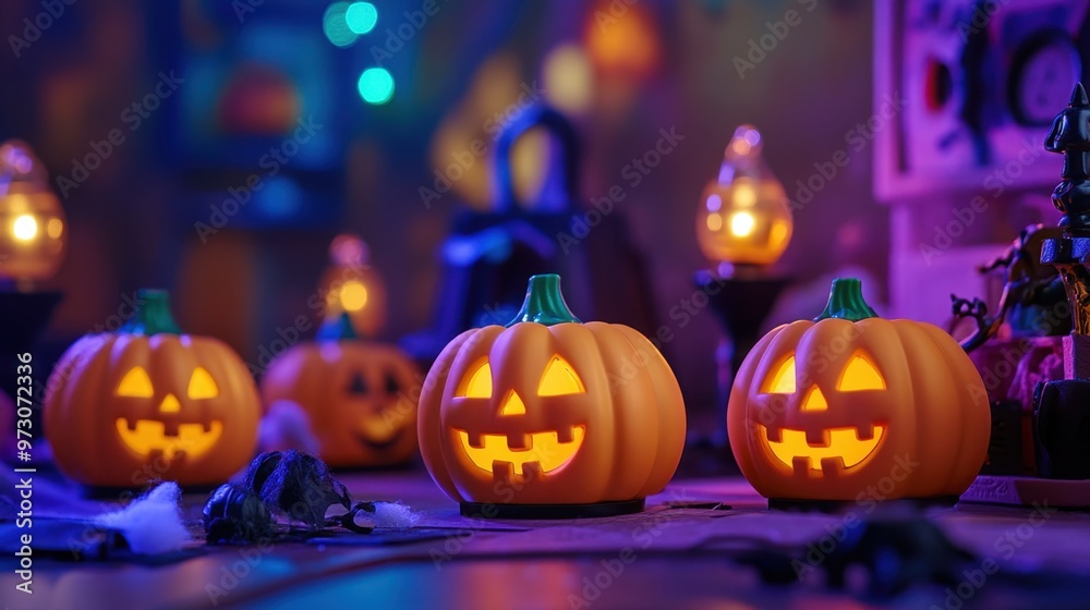 A Halloween-themed toy set for children with spooky designs, styled with small pumpkins and eerie lighting A Halloween-themed toy set for children with spooky designs, styled with small pumpkins and eerie lighting