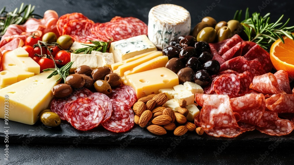 An elegant charcuterie board featuring an assortment of cheeses, meats, olives, and nuts. An elegant charcuterie board featuring an assortment of cheeses, meats, olives, and nuts.