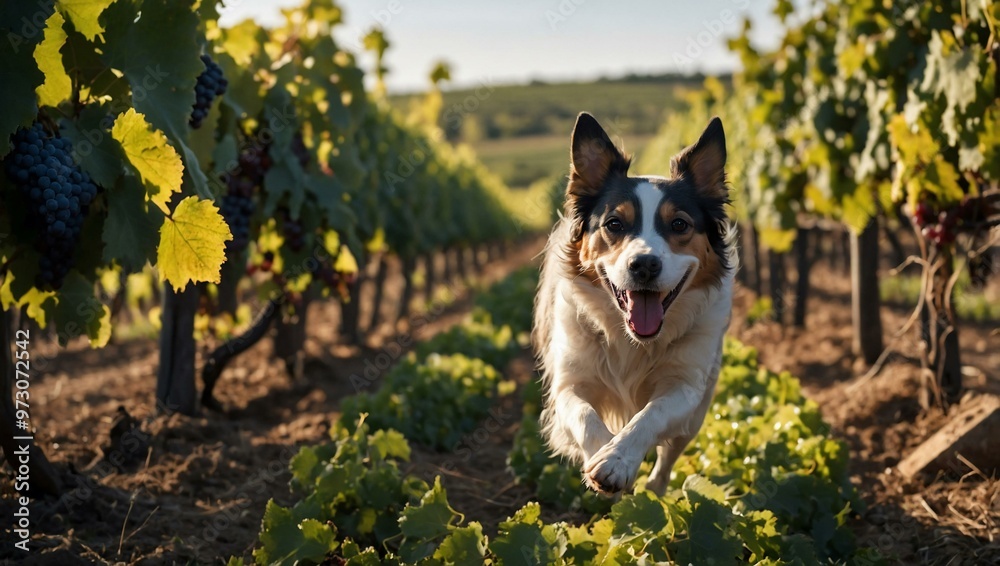 Happy dog running through a vineyard with grapes Happy dog running through a vineyard with grapes